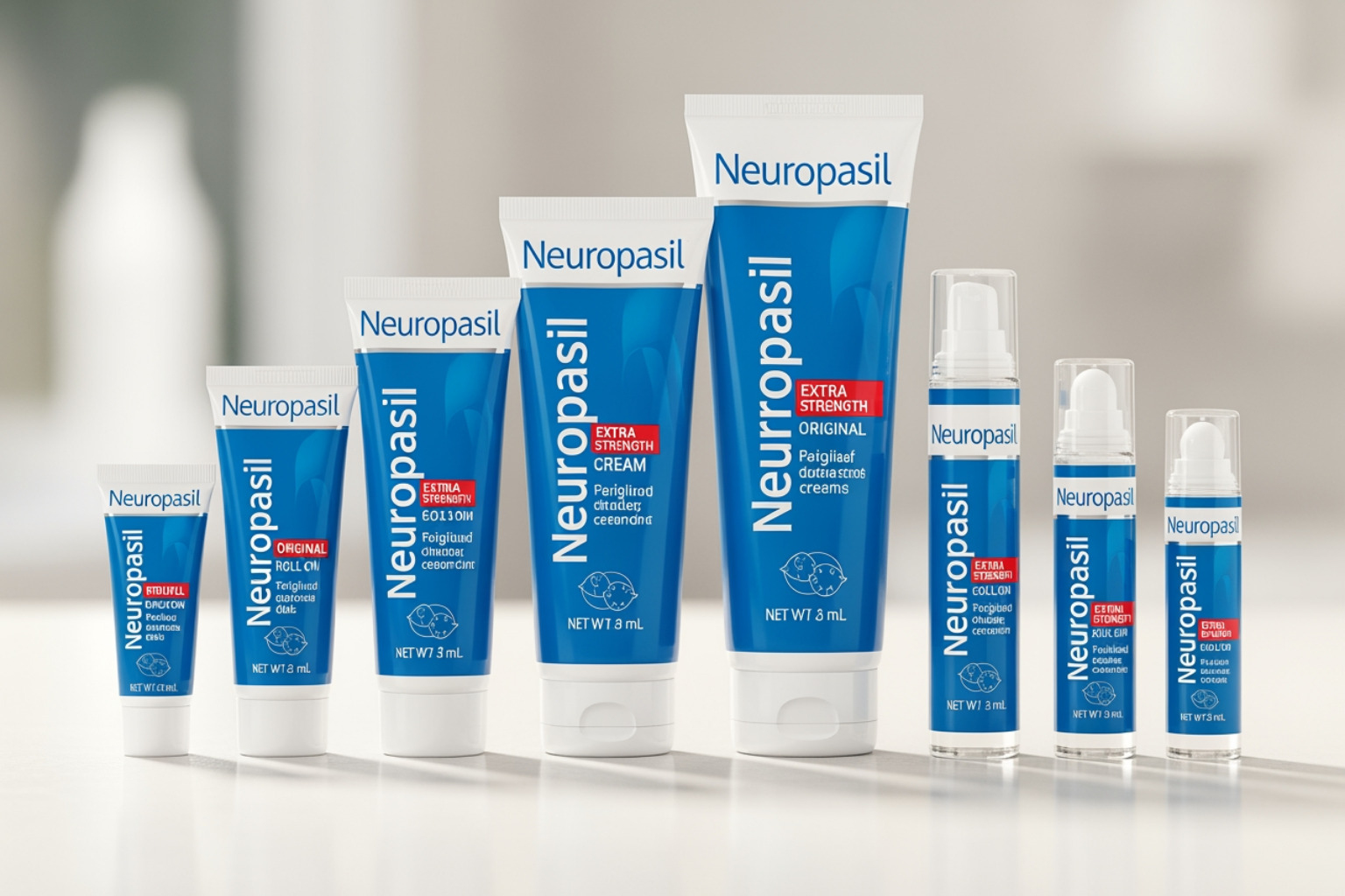 lineup of Neuropasil pain relief cream tubes and roll-ons - deep pain relief cream