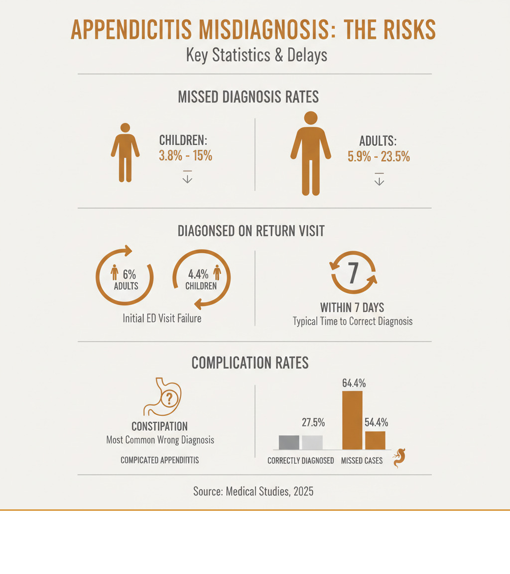 Infographic showing appendicitis misdiagnosis statistics: Children missed diagnosis rate 3.8-15%, Adults missed diagnosis rate 5.9-23.5%, Patients diagnosed on return visit: 6% adults and 4.4% children, Most common wrong diagnosis: Constipation, Complicated appendicitis rate in missed cases: 54.4% vs 27.5% in correctly diagnosed cases, Typical time to correct diagnosis: Within 7 days - Appendicitis misdiagnosis infographic Infographic showing appendicitis misdiagnosis statistics: Children missed diagnosis rate 3.8-15%, Adults missed diagnosis rate 5.9-23.5%, Patients diagnosed on return visit: 6% adults and 4.4% children, Most common wrong diagnosis: Constipation, Complicated appendicitis rate in missed cases: 54.4% vs 27.5% in correctly diagnosed cases, Typical time to correct diagnosis: Within 7 days - Appendicitis misdiagnosis infographic