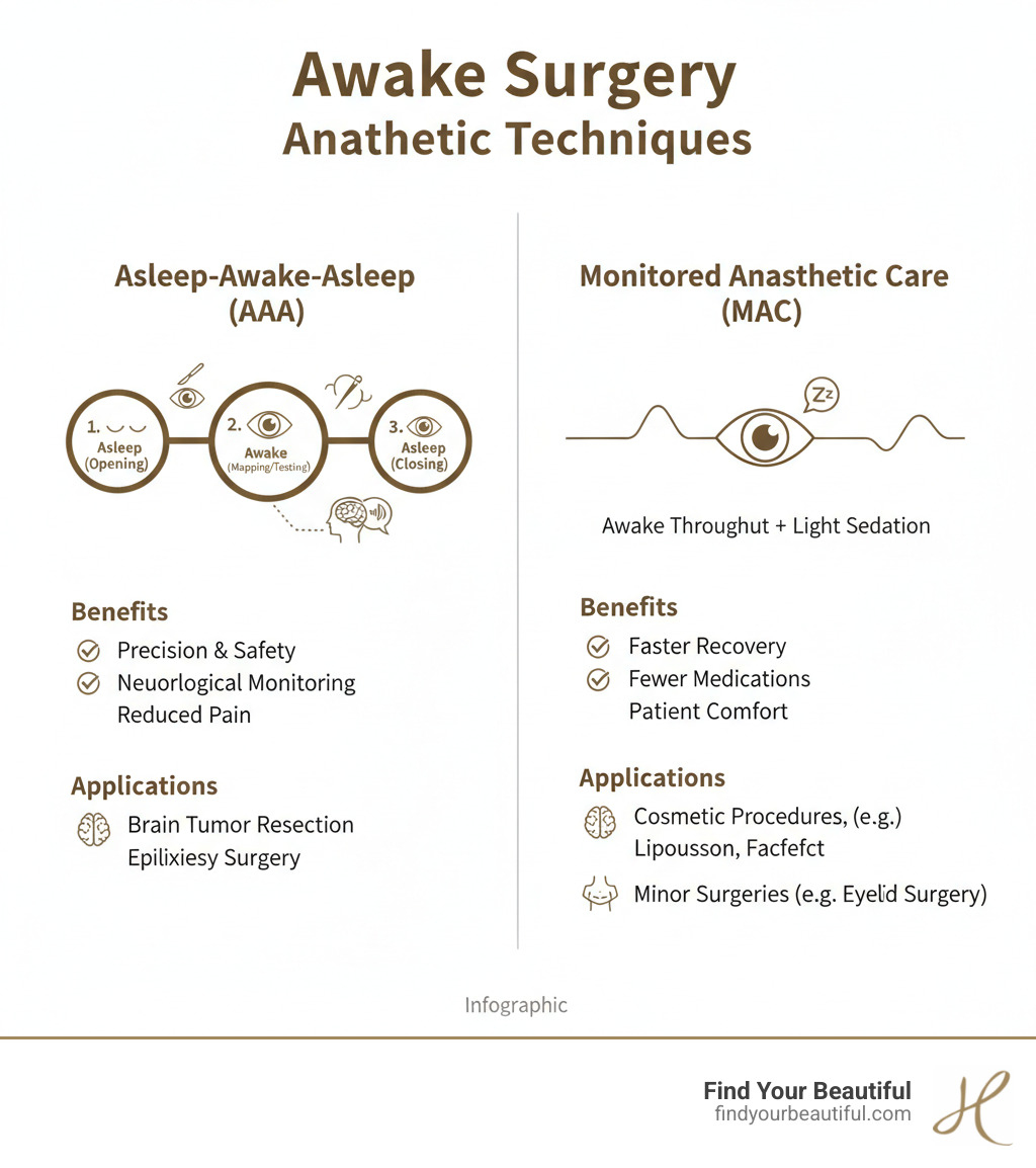 Infographic comparing Asleep-Awake-Asleep (AAA) technique versus Monitored Anesthetic Care (MAC) for awake surgery, showing three phases of AAA (asleep for opening, awake for mapping, asleep for closing) compared to MAC where patient remains awake throughout with light sedation, including benefits and typical applications for each method - awake surgery infographic 