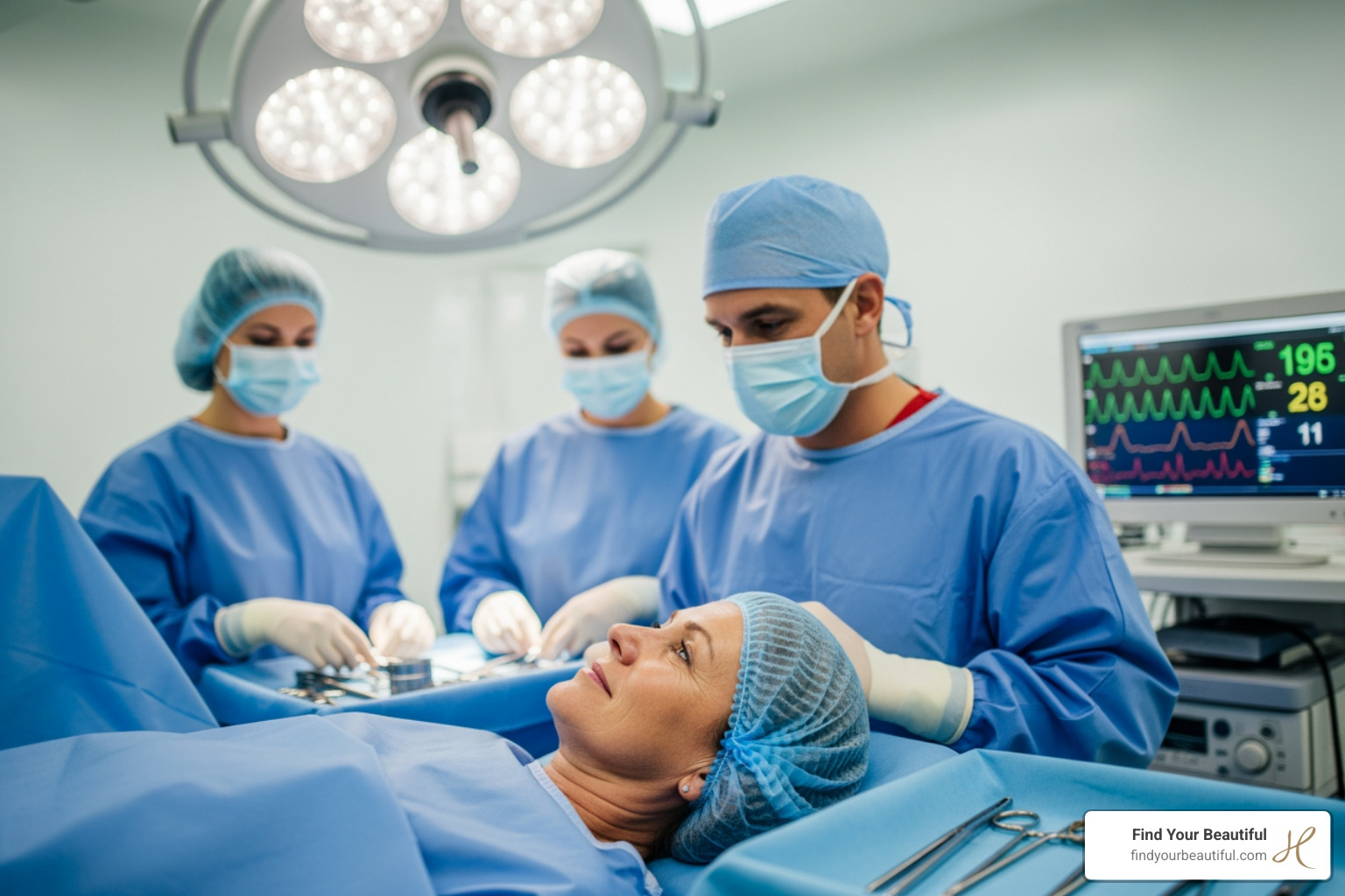 Image of a patient calmly interacting with the surgical team, possibly with a monitor in the background - awake surgery