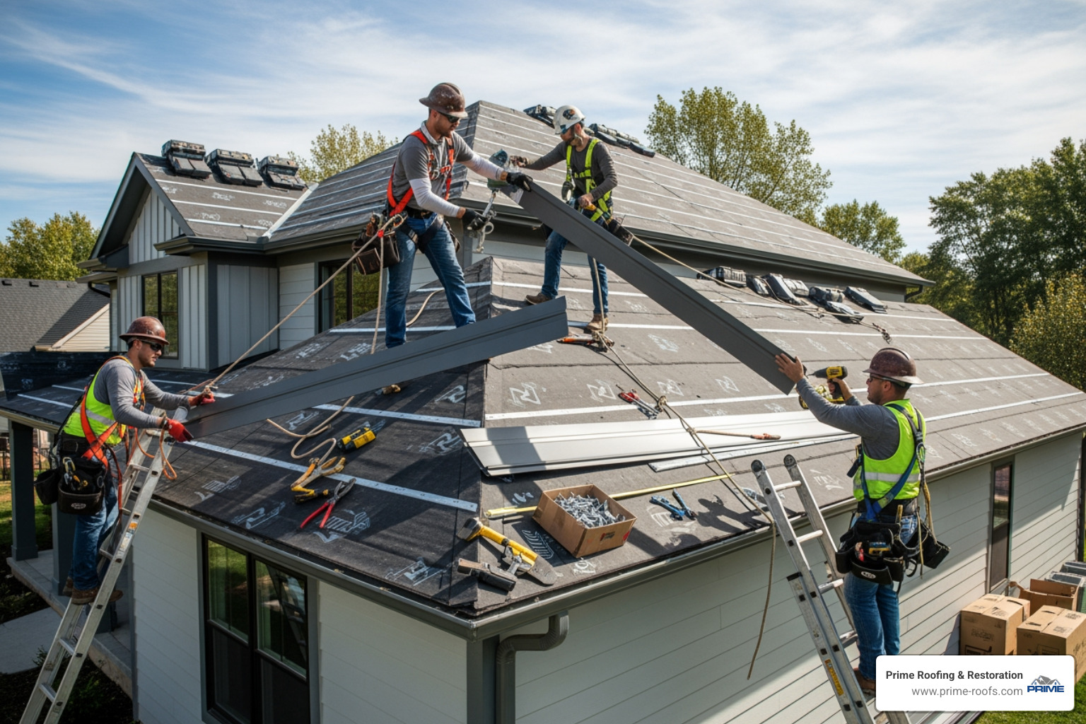 professional roofing team working on a metal roof installation - metal roofers birmingham al
