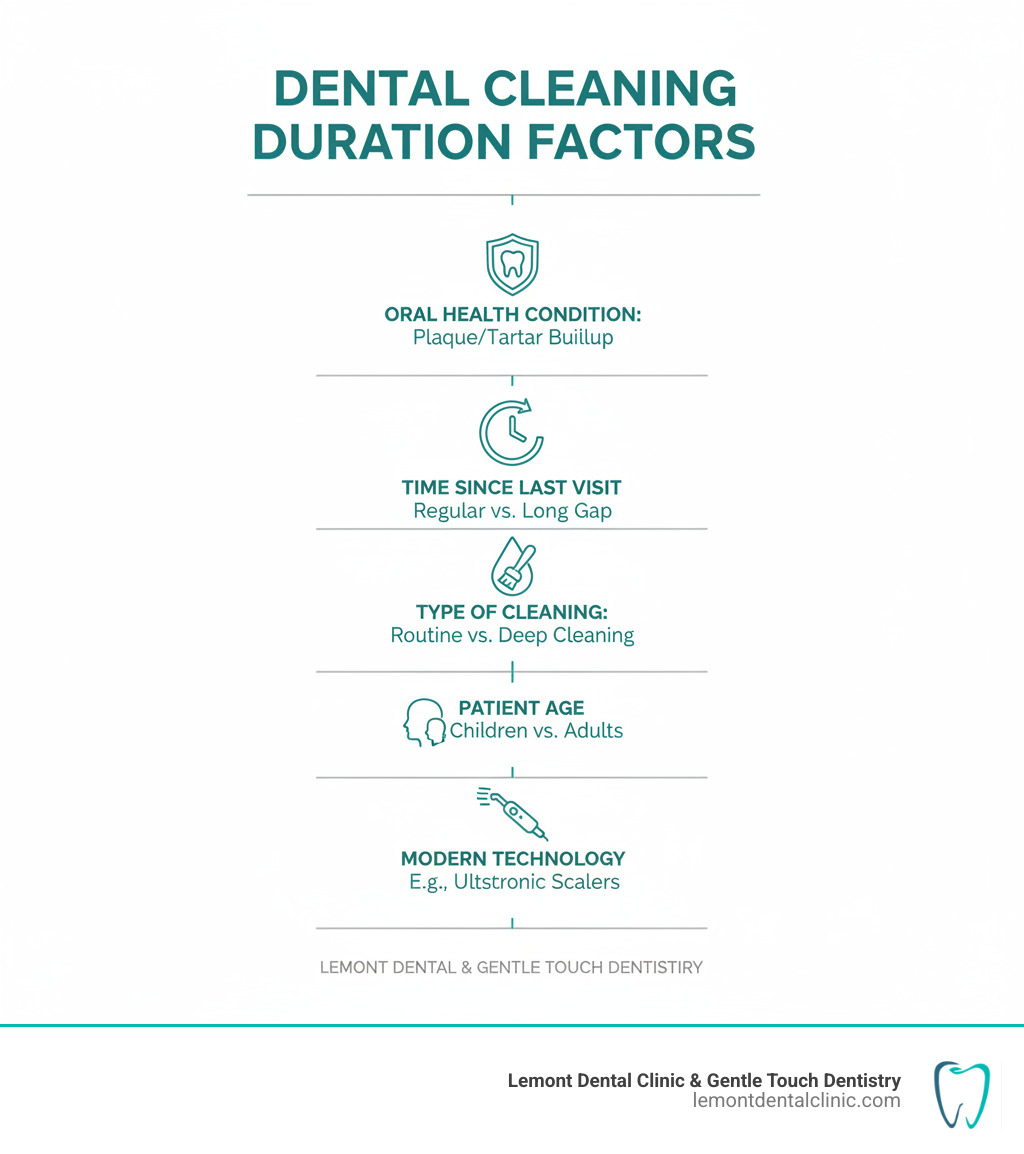 Infographic showing factors affecting dental cleaning duration including oral health condition, time since last visit, type of cleaning needed, patient age, and use of modern dental technology like ultrasonic scalers - how long does a dental cleaning take infographic 