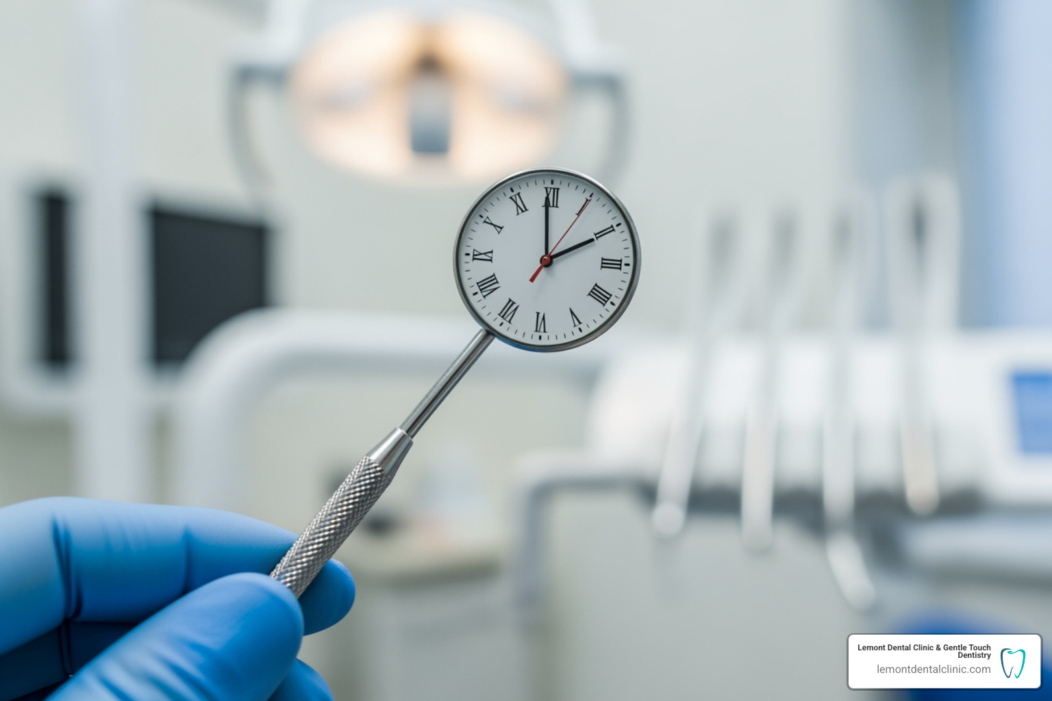 clock superimposed over a dental tool - how long does a dental cleaning take