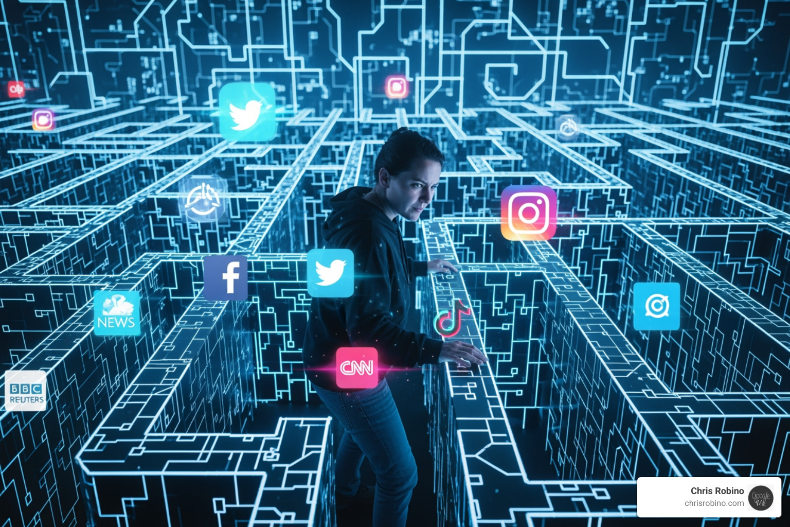 A person navigating a maze of social media and news icons - communication and media consulting services