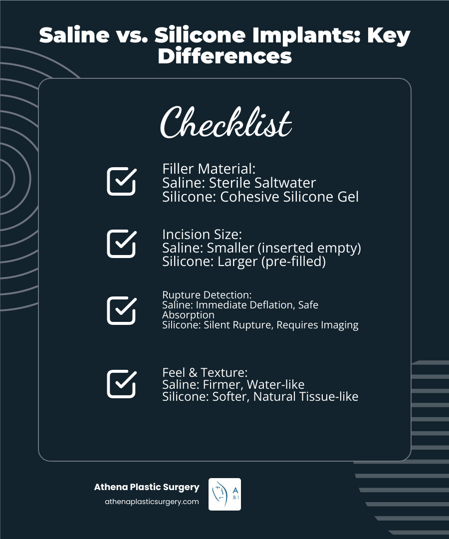 infographic comparing saline and silicone breast implants showing composition, filling method, incision size, rupture detection, FDA age requirements, and relative cost differences - saline breast implants infographic checklist-dark-blue