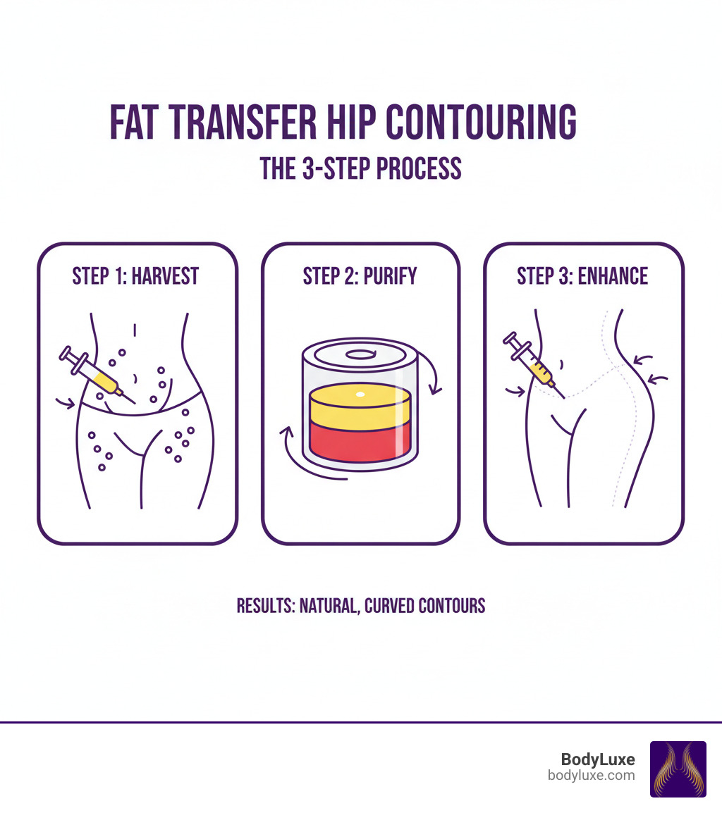 Infographic showing the three-step fat transfer process: Step 1 shows liposuction removing fat from the abdomen or thighs; Step 2 shows fat being processed and purified in a medical container; Step 3 shows strategic injection of purified fat into the hip dip area to create smooth, curved contours and an enhanced hourglass silhouette - fat transfer hip injections before and after infographic 