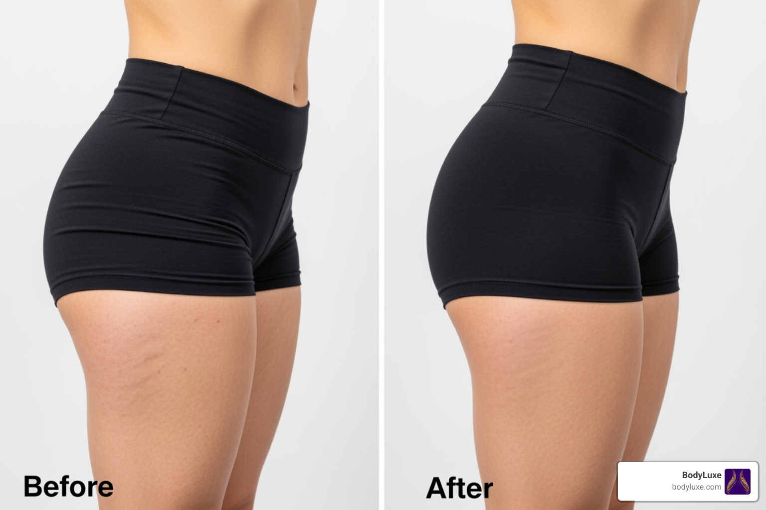 Patient's 3/4 view before and after, showing improved contour from the waist to the thigh - fat transfer hip injections before and after