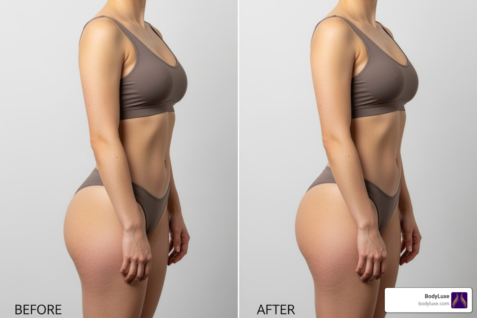 Patient's front view before and after hip fat transfer, highlighting filled hip dips - fat transfer hip injections before and after