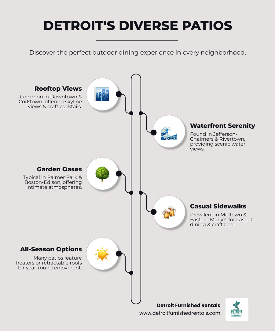 Infographic showing types of Detroit patios: Rooftop patios are common in Downtown and Corktown offering skyline views and cocktails; Waterfront patios are found in Jefferson-Chalmers and Rivertown providing scenic water views; Garden and Secluded patios are typical in Palmer Park and Boston-Edison neighborhoods offering intimate atmospheres; Sidewalk and Brewery patios are prevalent in Midtown and Eastern Market featuring casual dining and craft beer - Best Detroit patios infographic infographic-line-5-steps-elegant_beige