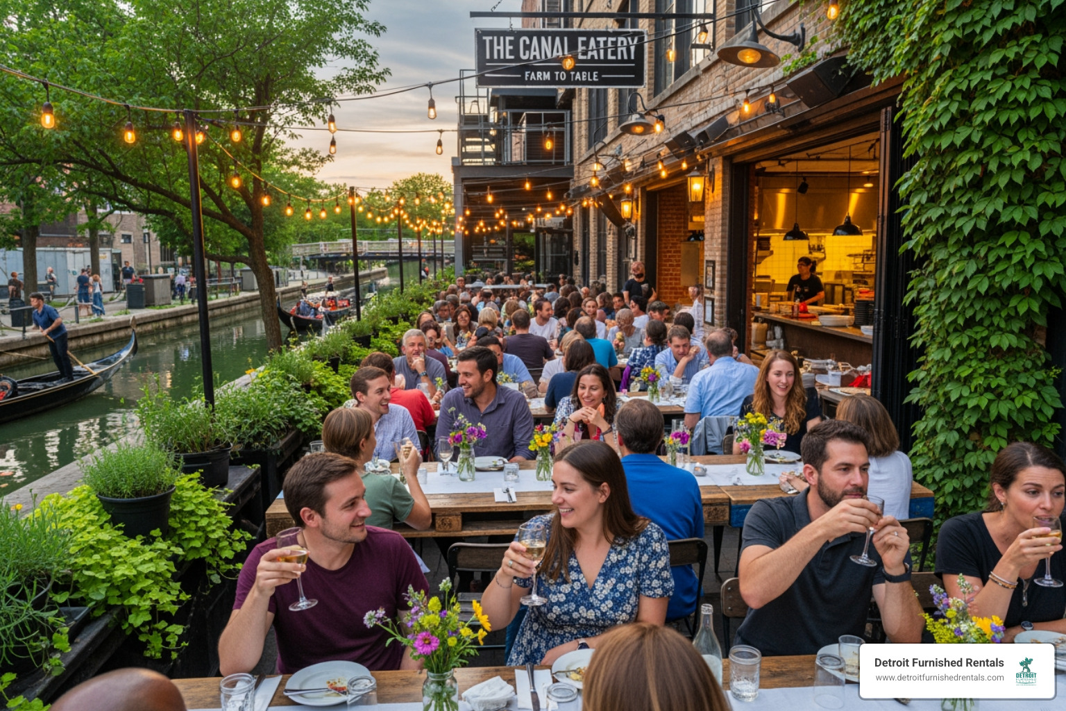 diners on the canalside patio at Coriander Kitchen & Farm - Best Detroit patios