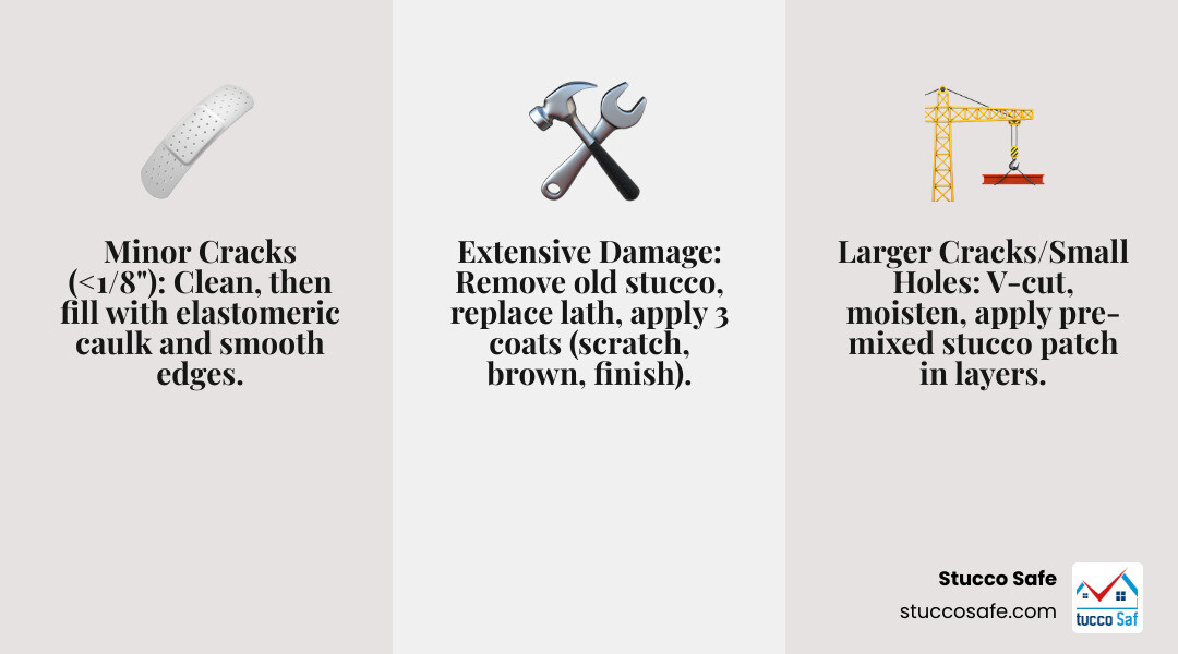 infographic showing the three methods of stucco repair: Method 1 for hairline cracks using caulk, Method 2 for larger cracks using patching compound with V-groove preparation, and Method 3 for extensive damage showing the three-layer system with scratch coat, brown coat, and finish coat, including curing times for each layer - how to repair exterior stucco infographic 3_facts_emoji_grey infographic showing the three methods of stucco repair: Method 1 for hairline cracks using caulk, Method 2 for larger cracks using patching compound with V-groove preparation, and Method 3 for extensive damage showing the three-layer system with scratch coat, brown coat, and finish coat, including curing times for each layer - how to repair exterior stucco infographic 3_facts_emoji_grey