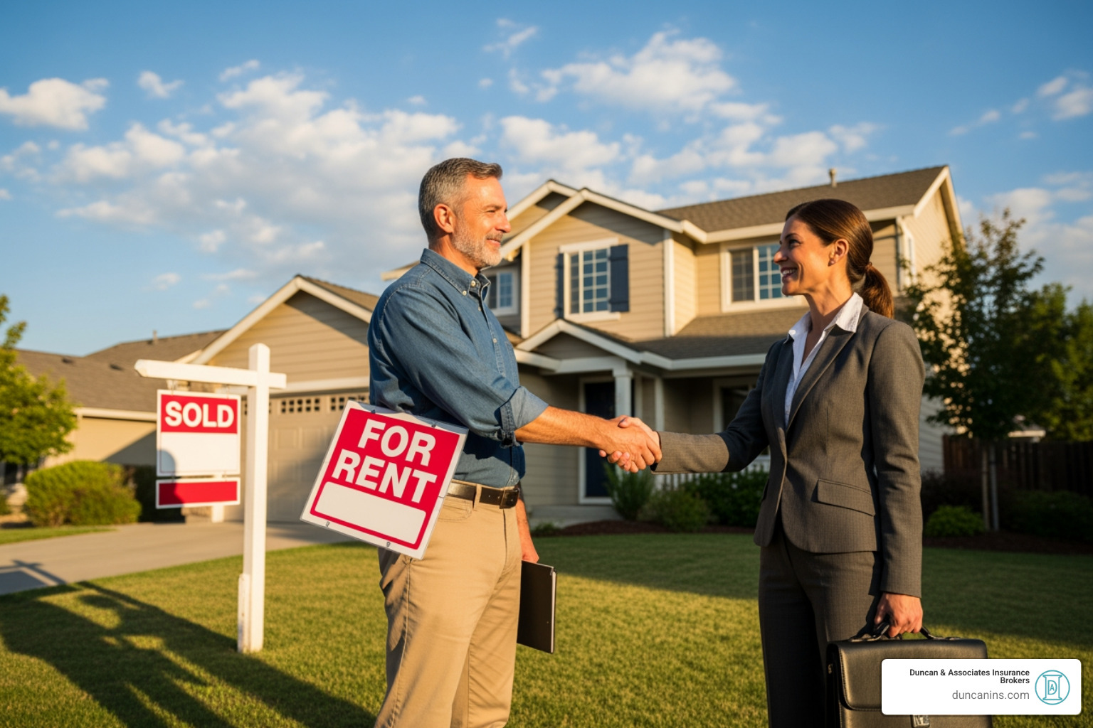 landlord and insurance broker shaking hands in front of a property - rental property insurance broker