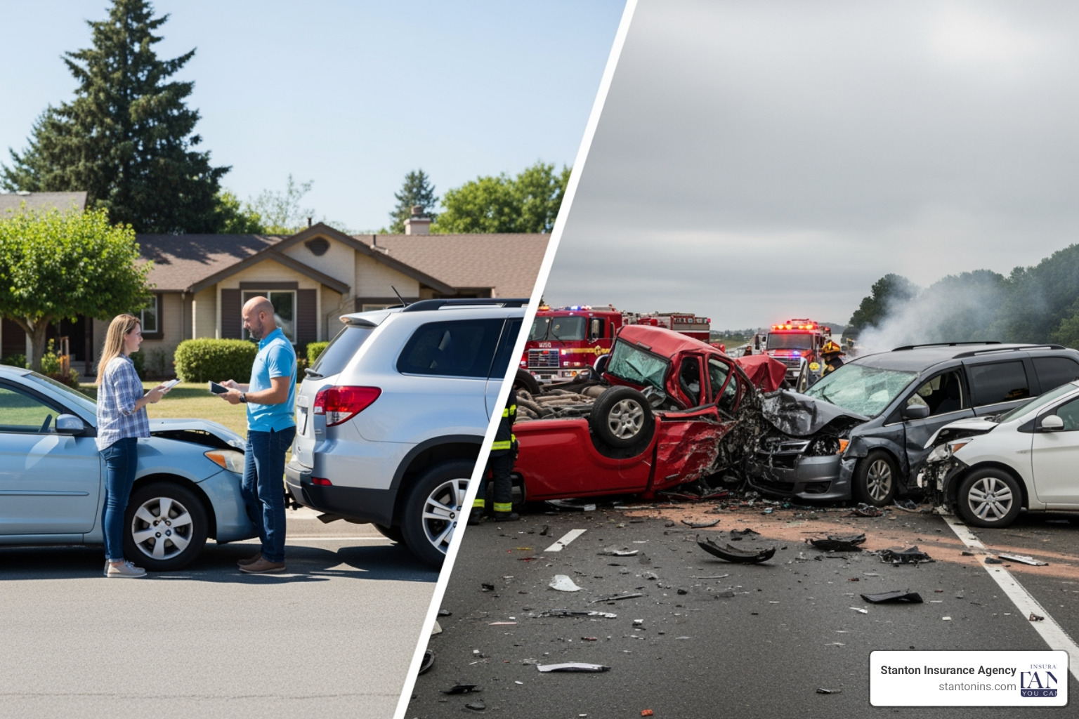 split screen showing fender bender and serious collision - Find cheapest car insurance