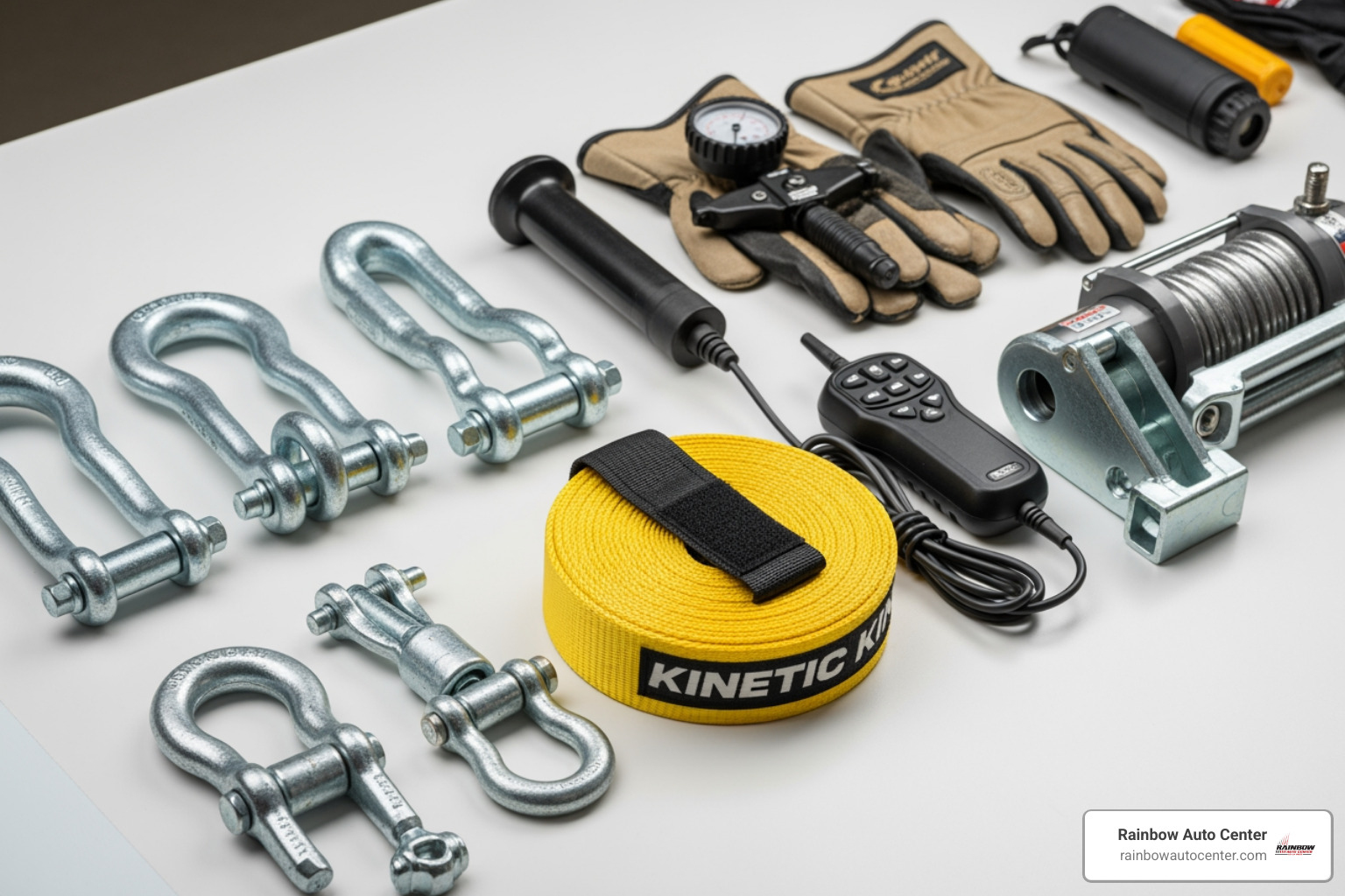 Off-road recovery gear laid out neatly for inspection - Off road recovery