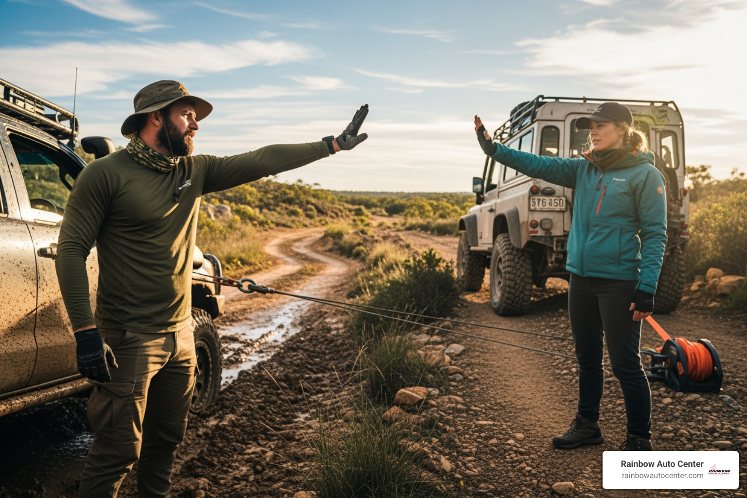 Two off-road enthusiasts communicating with clear hand signals during a vehicle recovery - Off road recovery