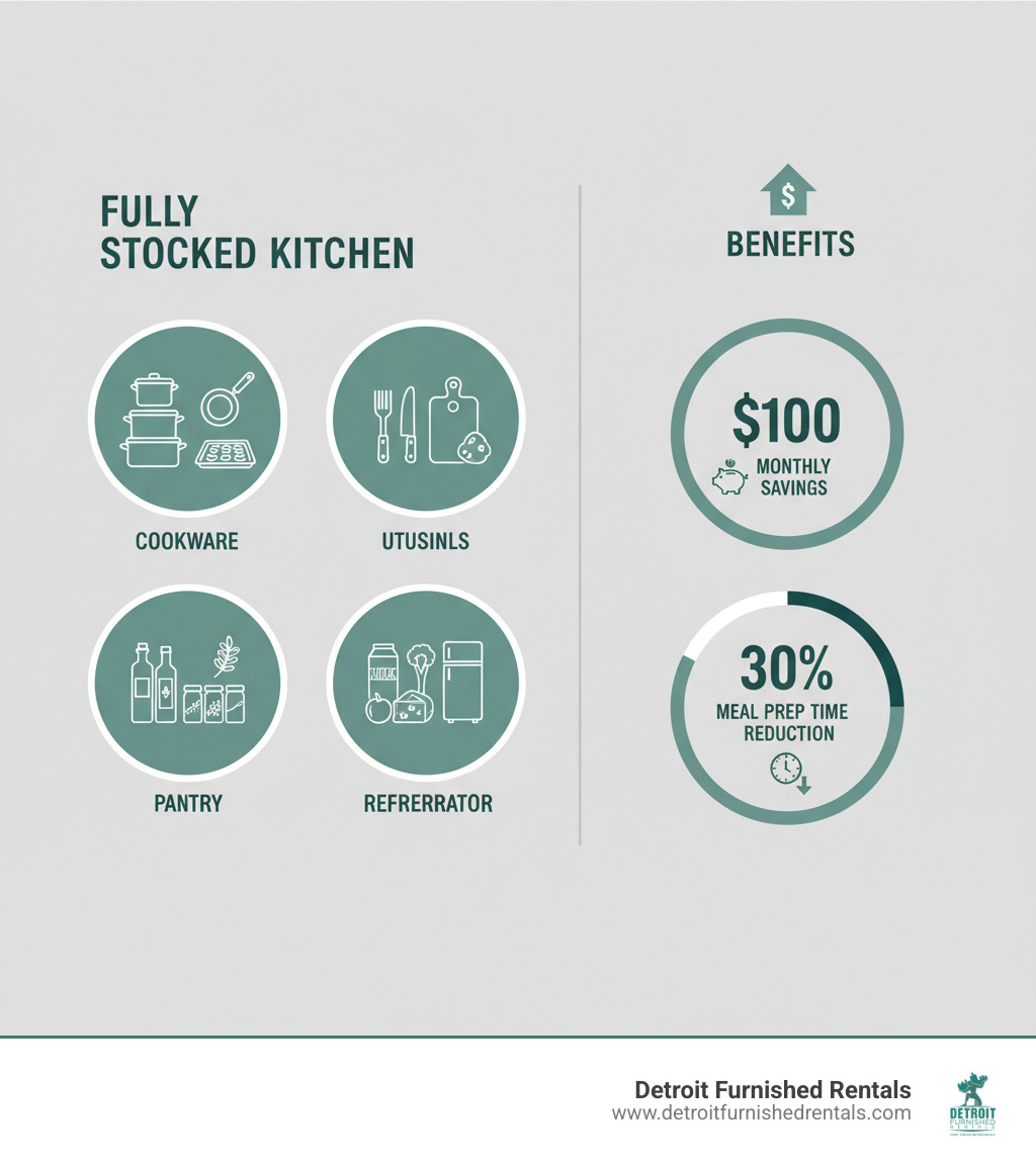 infographic showing essential components of a fully stocked kitchen including cookware section with pots and pans, utensils section with knives and spatulas, pantry section with oils and spices, and refrigerator section with dairy and fresh ingredients, plus statistics showing average monthly savings of $100 and 30% reduction in meal prep time - Fully stocked kitchen infographic infographic showing essential components of a fully stocked kitchen including cookware section with pots and pans, utensils section with knives and spatulas, pantry section with oils and spices, and refrigerator section with dairy and fresh ingredients, plus statistics showing average monthly savings of $100 and 30% reduction in meal prep time - Fully stocked kitchen infographic