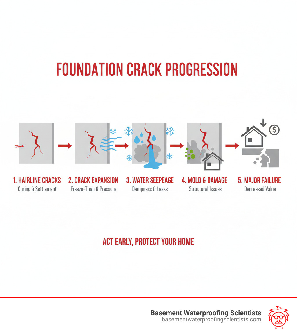Infographic showing how foundation cracks progress: starting with a small hairline crack from concrete curing or settlement, expanding due to freeze-thaw cycles and hydrostatic pressure, leading to water seepage and dampness, resulting in mold growth and structural damage, ultimately causing decreased property value and potential foundation failure if left untreated - foundation crack injection services infographic 
