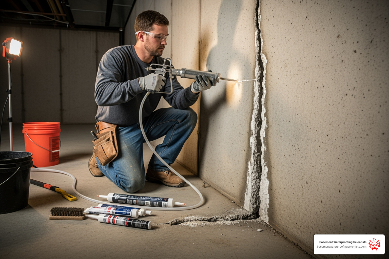 A technician injecting a foundation crack with a specialized tool - foundation crack injection services