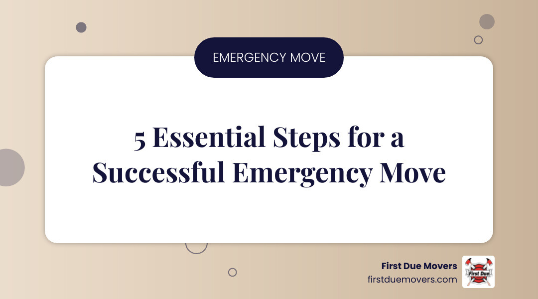 infographic showing the 5 essential steps of an emergency move: 1. Contact professional movers immediately, 2. Secure necessary packing supplies, 3. Prioritize and sort belongings, 4. Protect items from Seattle weather, 5. Document everything for insurance purposes - emergency moving supplies and delivery repair in seattle, wa infographic simple-info-landscape-card