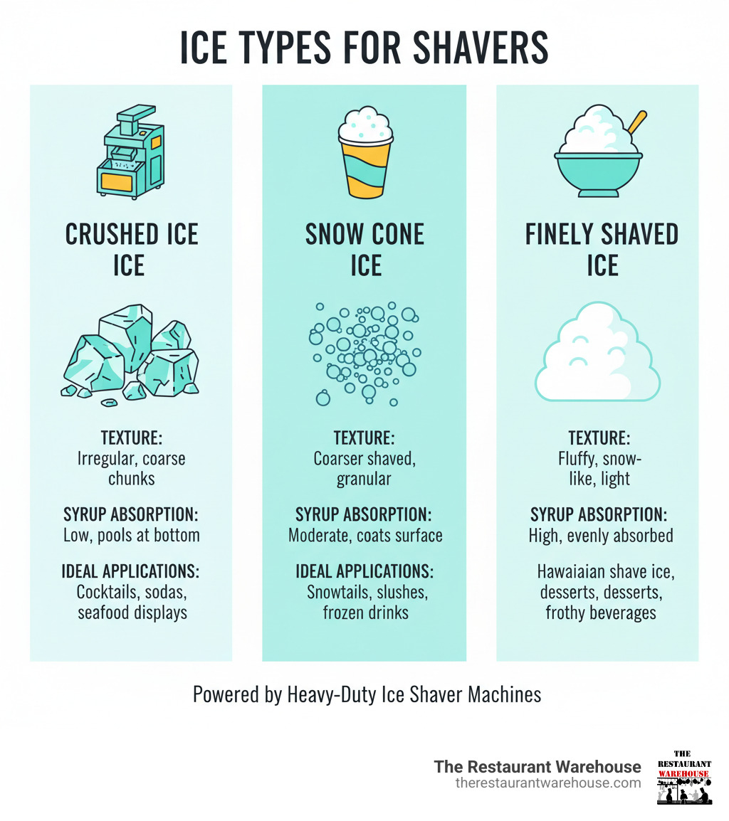 Infographic comparing three types of ice: crushed ice (irregular chunks), snow cone ice (coarser shaved texture), and finely shaved ice (fluffy, snow-like consistency) with notes on texture, syrup absorption, and ideal applications for each type - heavy duty ice shaver machine infographic Infographic comparing three types of ice: crushed ice (irregular chunks), snow cone ice (coarser shaved texture), and finely shaved ice (fluffy, snow-like consistency) with notes on texture, syrup absorption, and ideal applications for each type - heavy duty ice shaver machine infographic