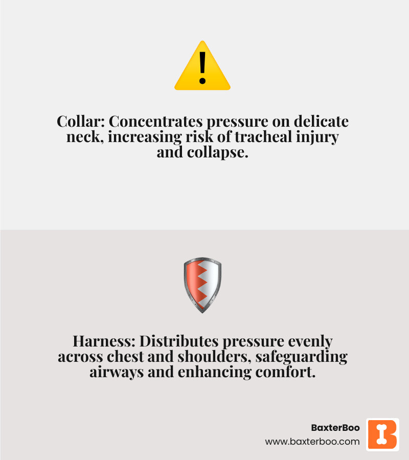 infographic showing pressure distribution comparison between collar (concentrated on neck/trachea) and harness (distributed across chest and shoulders) on a small dog's body, with labeled anatomical points and force arrows - small dog harness infographic 2_facts_emoji_grey