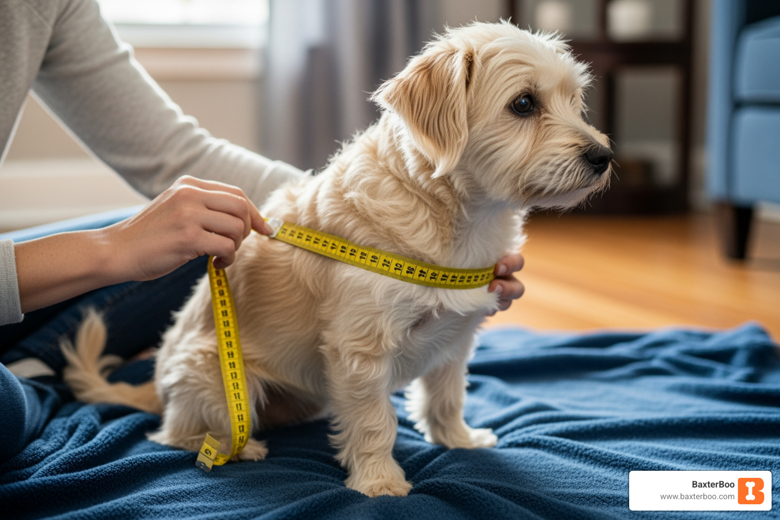 a person using a soft measuring tape on a small dog's chest - small dog harness