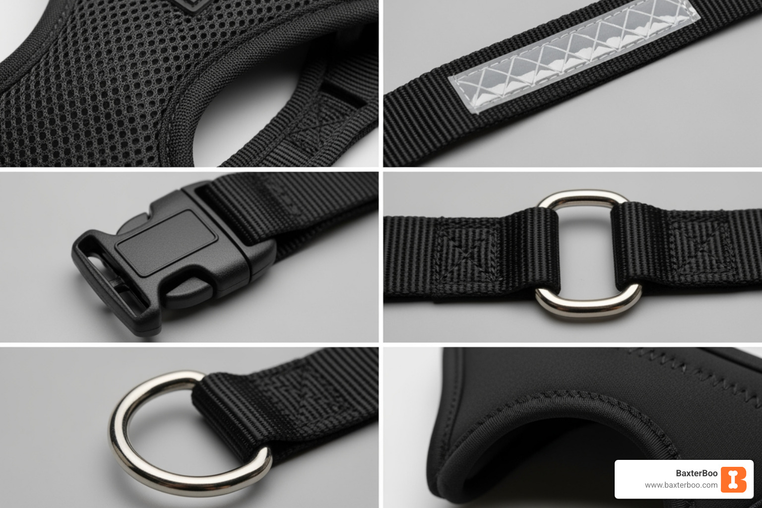 a collage showcasing different harness features like padded mesh, reflective strips, and various buckle types - small dog harness