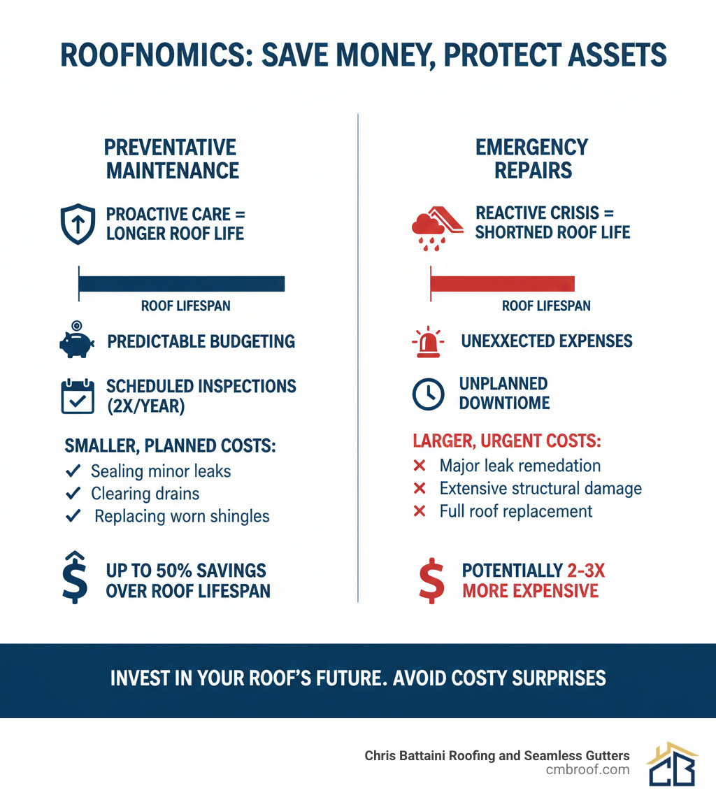 Infographic detailing the financial benefits of preventative roof maintenance over emergency repairs - commercial roof maintenance near me infographic 