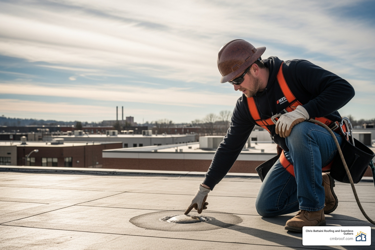 roofer pointing out a blister on a flat roof - commercial roof maintenance near me