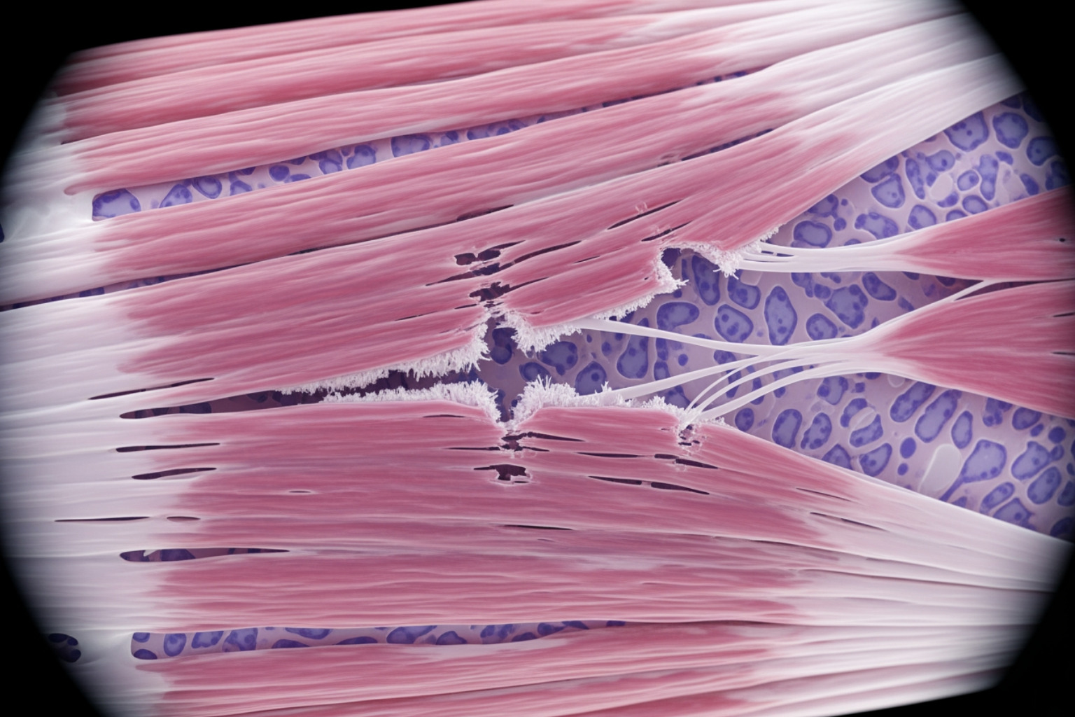 Microscopic tears in a muscle fiber - Soreness after workout Microscopic tears in a muscle fiber - Soreness after workout