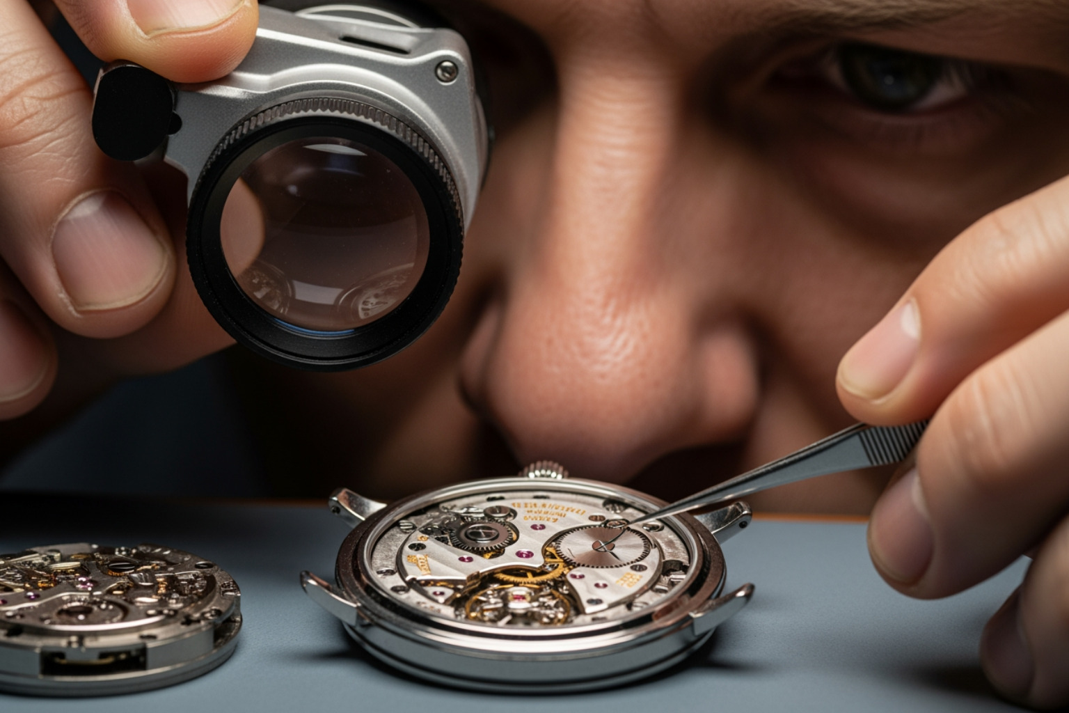 Watchmaker’s loupe inspecting a watch movement.