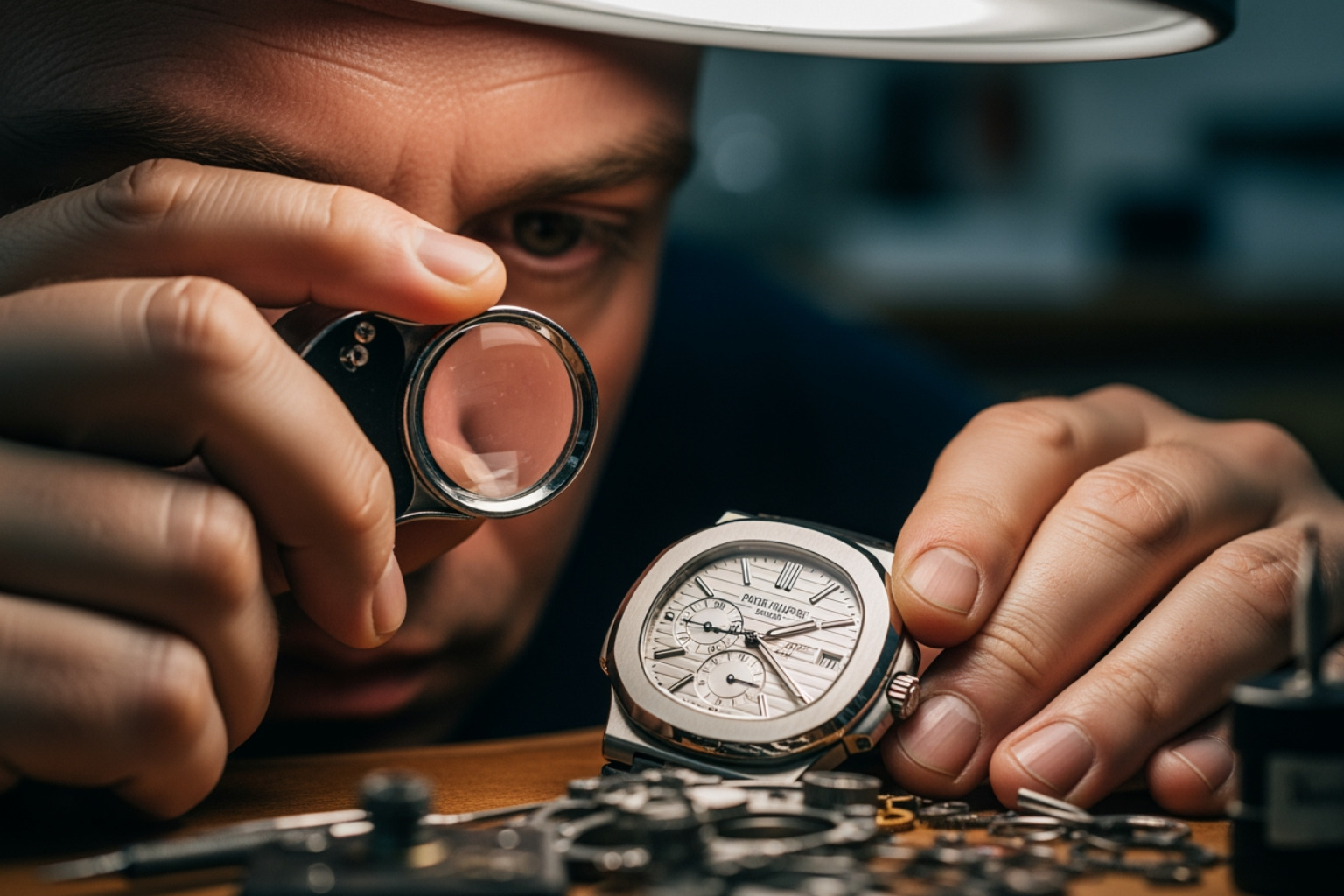 Person examining a watch with a loupe.