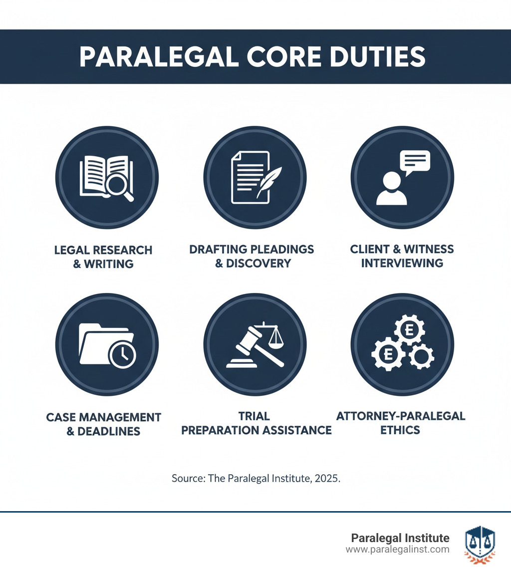 Infographic showing the core duties of a paralegal including legal research and writing, drafting pleadings and discovery documents, interviewing clients and witnesses, managing case files and deadlines, assisting with trial preparation, and understanding attorney-paralegal ethics - paralegal certificate programs infographic 