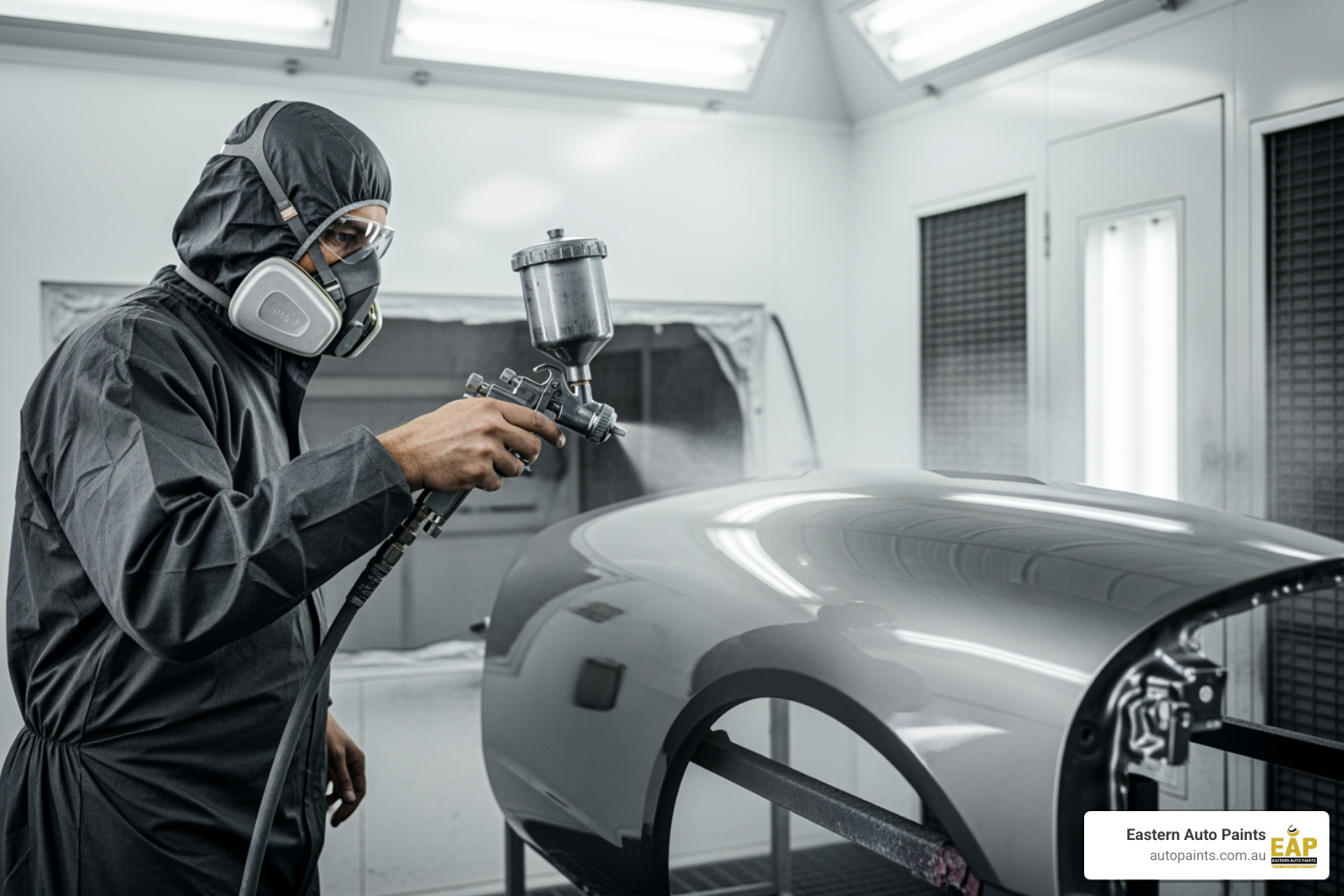 Professional painter applying the final layer of high-gloss clear coat for cars to a large vehicle panel inside a filtered, dust-free spray booth.