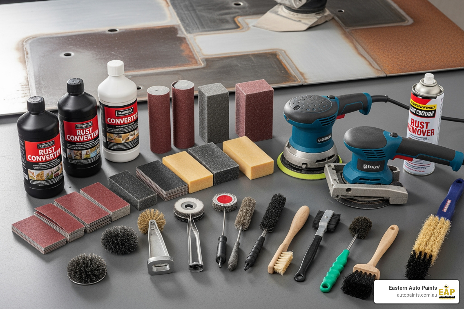 Essential tools and chemicals for surface preparation: rust converter, sanding blocks, brushes, and orbital sanders before applying powdercoat colour spray paint. Essential tools and chemicals for surface preparation: rust converter, sanding blocks, brushes, and orbital sanders before applying powdercoat colour spray paint.