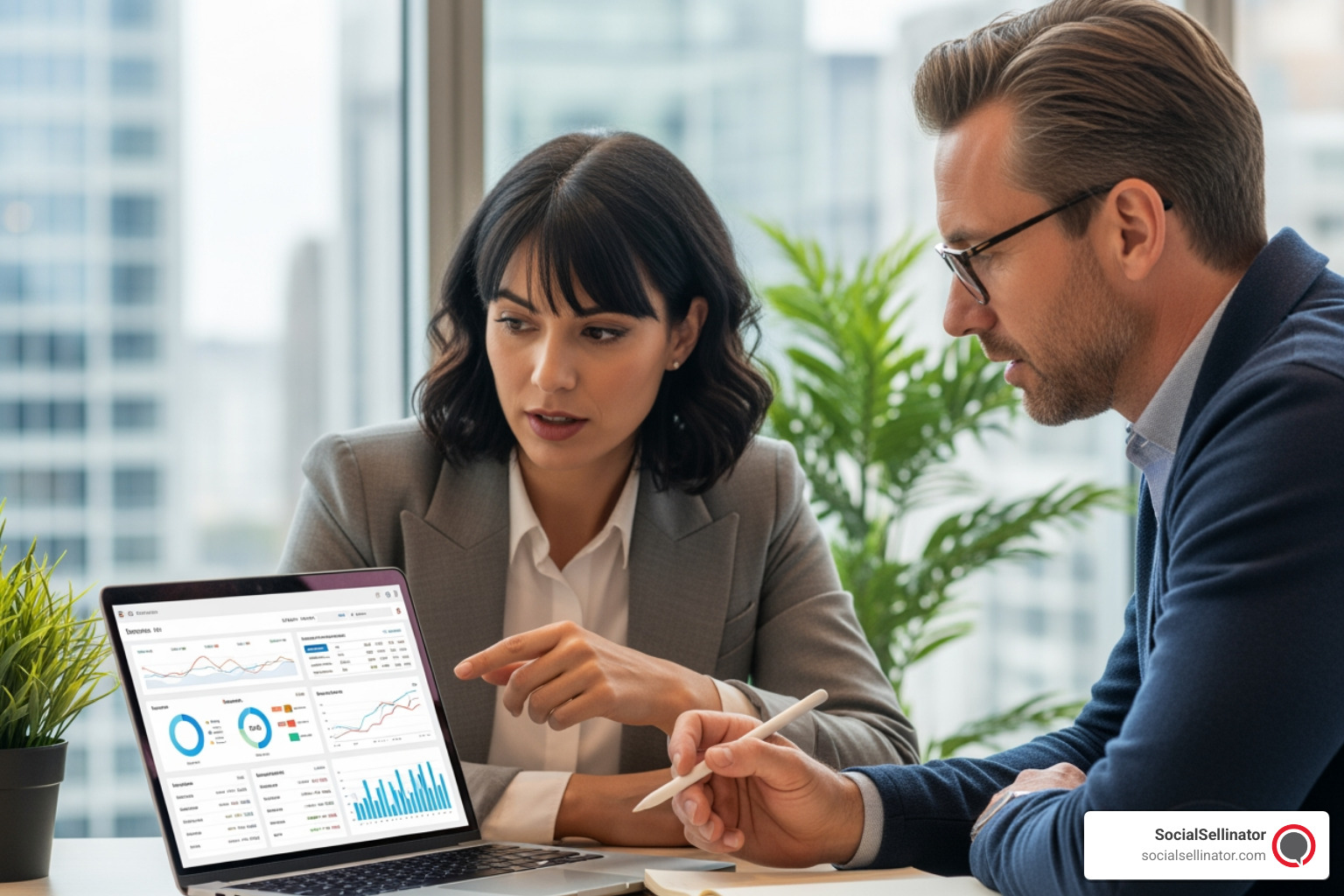 A business owner and an SEO consultant collaborating over a laptop in a modern office setting, discussing strategies for business growth and addressing challenges like declining rankings. - seo consultant