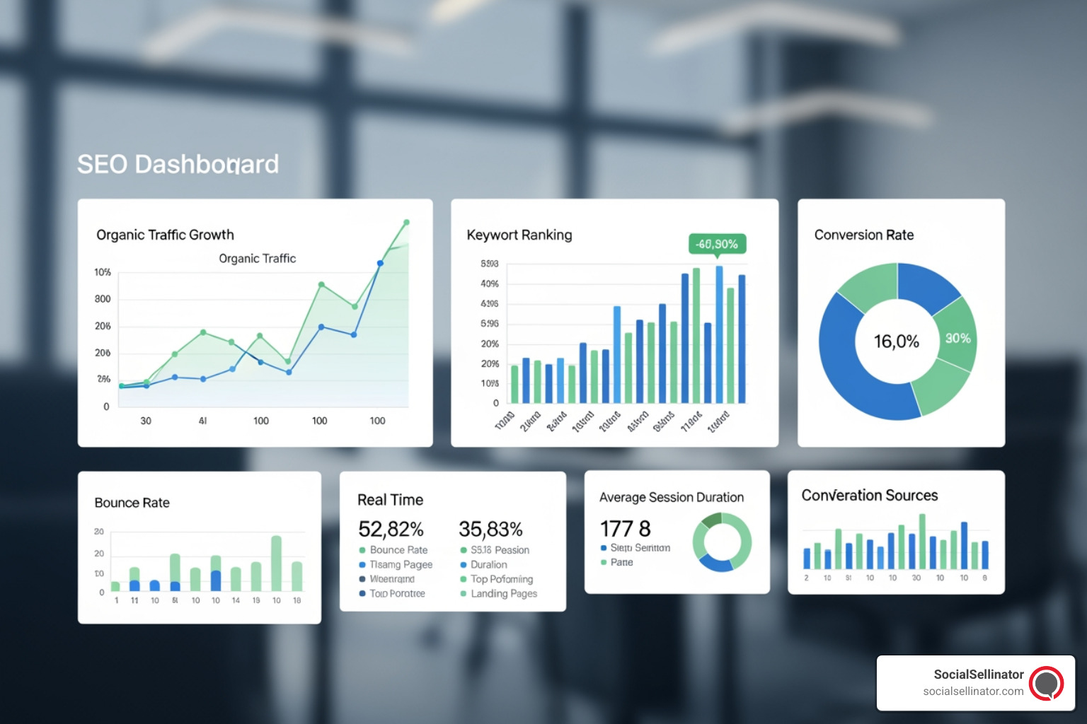 A dashboard displaying key performance indicators (KPIs) like organic traffic growth, keyword ranking improvements, and conversion rates, illustrating how SEO success is measured. - seo consultant