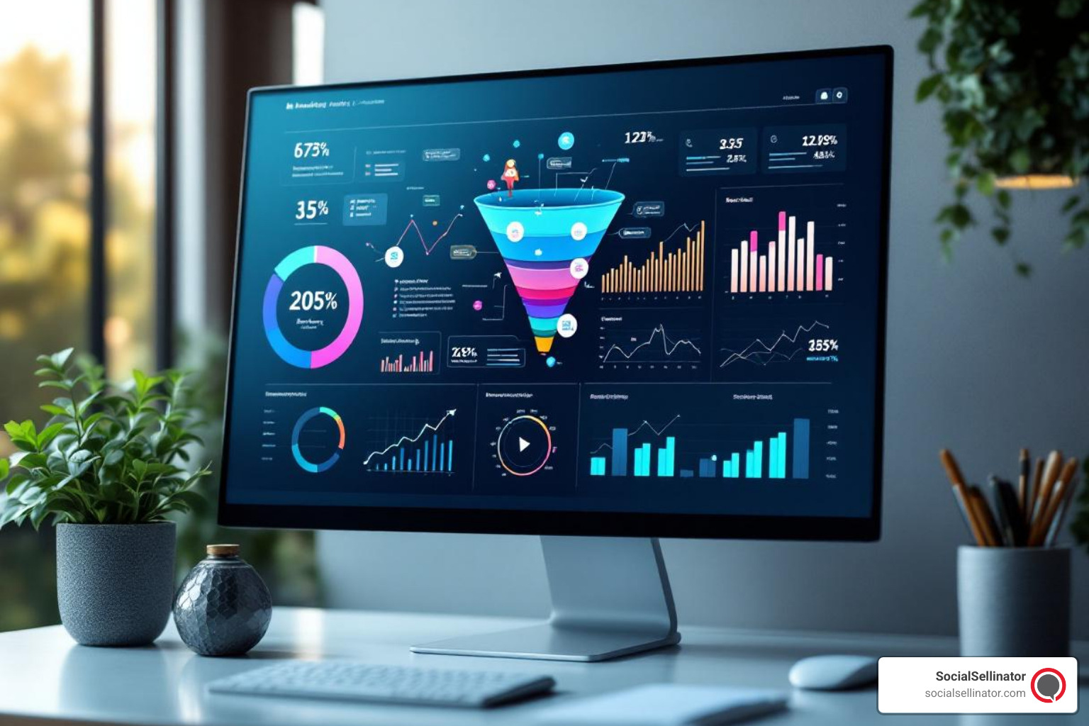An insightful Looker Studio dashboard showing a marketing funnel analysis, with clear metrics for impressions, clicks, leads, and conversions, alongside ROI calculations and trend lines - agency reporting data studio