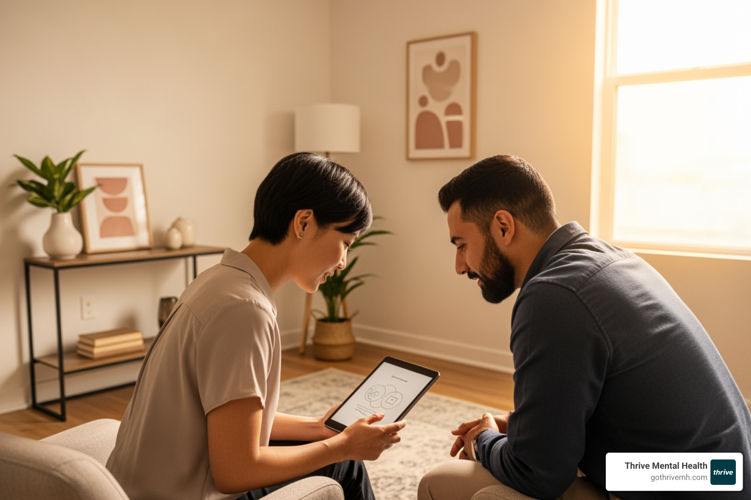 therapist and patient looking at a tablet together - individualized mental health care therapist and patient looking at a tablet together - individualized mental health care