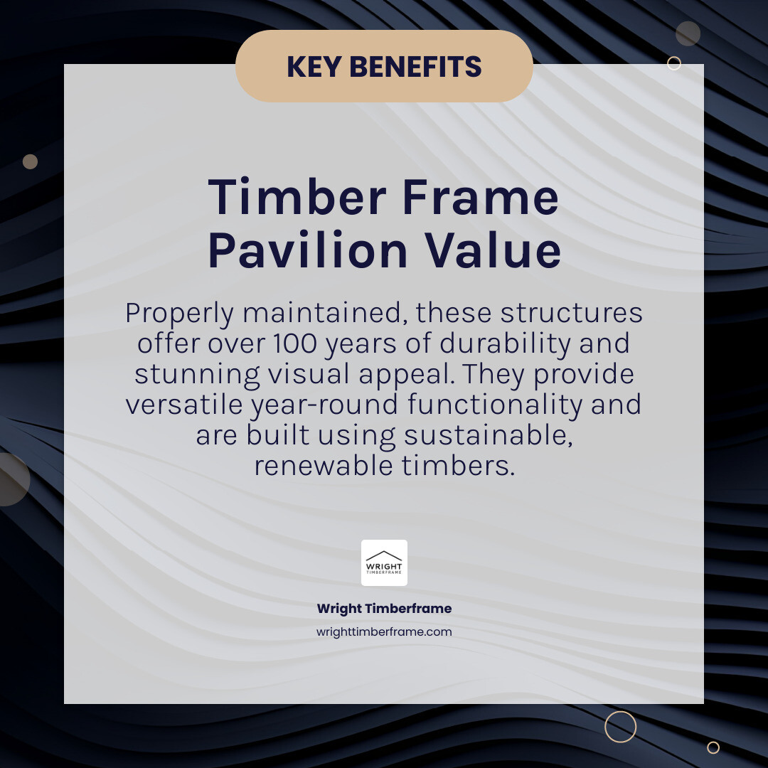 Infographic showing the four pillars of timber frame pavilion value: Durability with 100+ year lifespan potential, Aesthetic Appeal through traditional joinery and premium timbers, Functional Benefits including weather protection and year-round use, and Sustainability through renewable materials and lasting construction - timber frame pavillion infographic simple-info-card-dark Infographic showing the four pillars of timber frame pavilion value: Durability with 100+ year lifespan potential, Aesthetic Appeal through traditional joinery and premium timbers, Functional Benefits including weather protection and year-round use, and Sustainability through renewable materials and lasting construction - timber frame pavillion infographic simple-info-card-dark