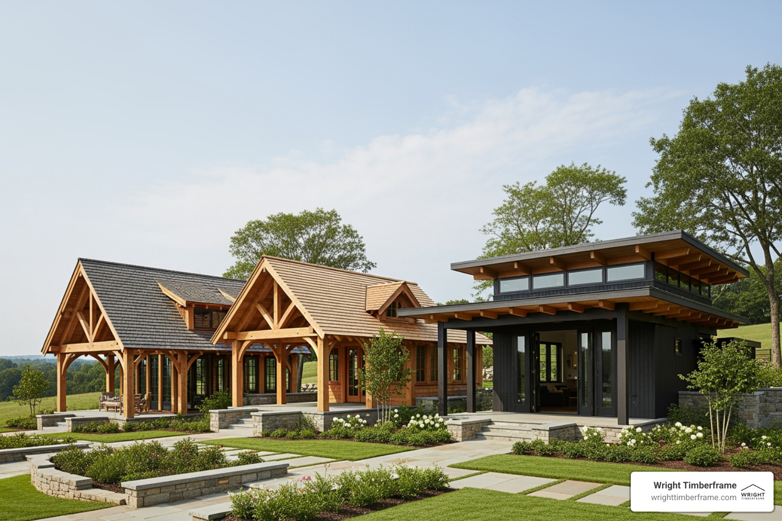 different pavilion styles like Gable, Hipped, and Modern - timber frame pavillion Timber frame pavilions showcasing Douglas Fir and Cedar construction, featuring peaked and flat roofs, surrounded by landscaped gardens and stone pathways, emphasizing durability and aesthetic appeal for outdoor spaces.