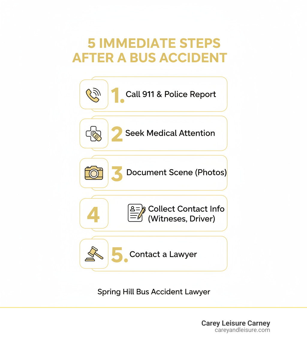 Infographic showing 5 immediate steps after a bus accident: 1. Call 911 and report the accident to police, 2. Seek immediate medical attention even for minor injuries, 3. Document the scene with photos of injuries vehicles and location, 4. Collect contact information from the bus driver witnesses and other parties, 5. Contact a Spring Hill bus accident lawyer before speaking to insurance adjusters - spring hill bus accident lawyer infographic 