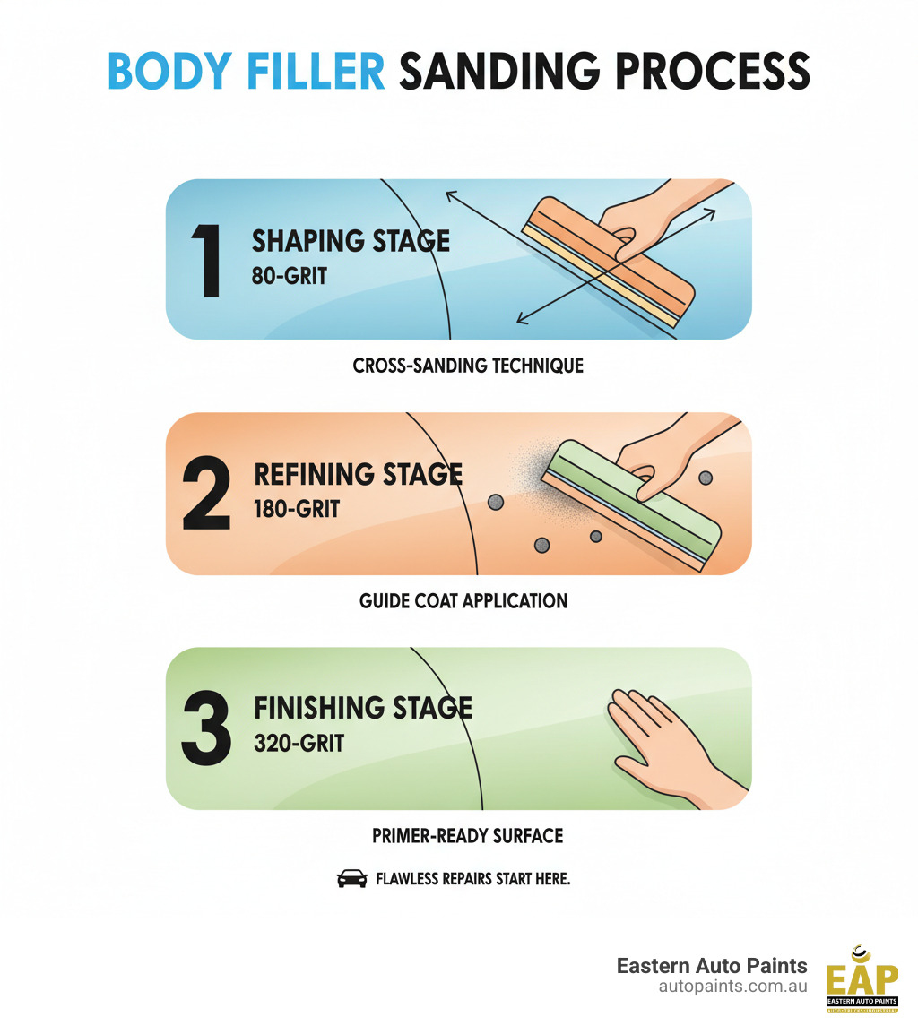 Infographic illustrating the three-stage body filler sanding process: shaping (80-grit), refining (180-grit), and finishing (320-grit) for primer-ready surface. Infographic illustrating the three-stage body filler sanding process: shaping (80-grit), refining (180-grit), and finishing (320-grit) for primer-ready surface.