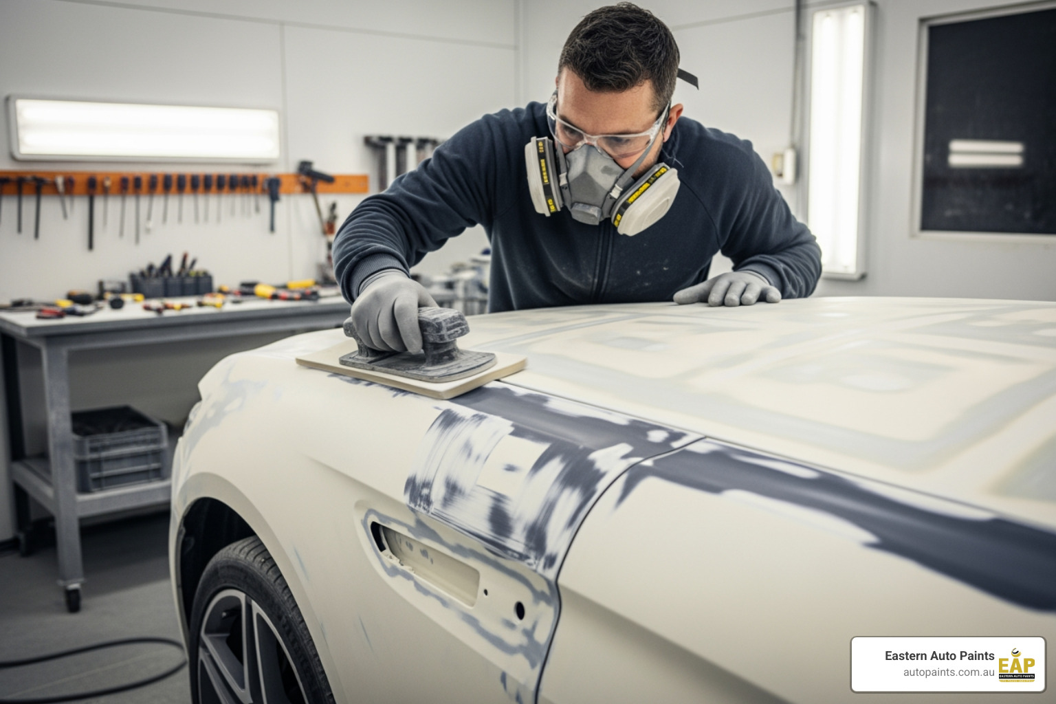 Skilled autobody technician wearing a respirator mask using a sanding pad to manually refine body filler sanding work on a car panel. Skilled autobody technician wearing a respirator mask using a sanding pad to manually refine body filler sanding work on a car panel.