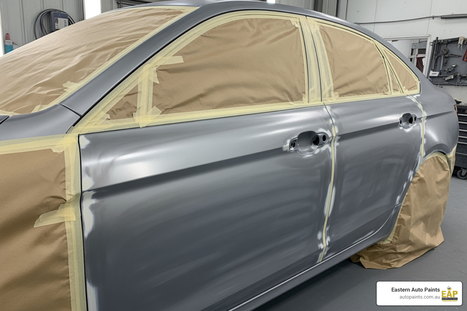 Silver car masked and prepared for priming and painting after meticulous body filler sanding and repair work on the side panels. Silver car masked and prepared for priming and painting after meticulous body filler sanding and repair work on the side panels.