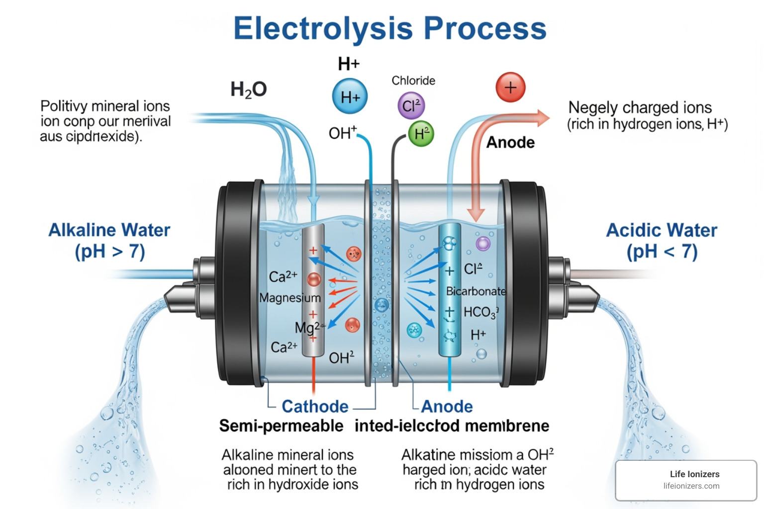 Diagram illustrating the electrolysis process in a water ionizer with electrodes, membrane, and ion separation - how water ionizer works