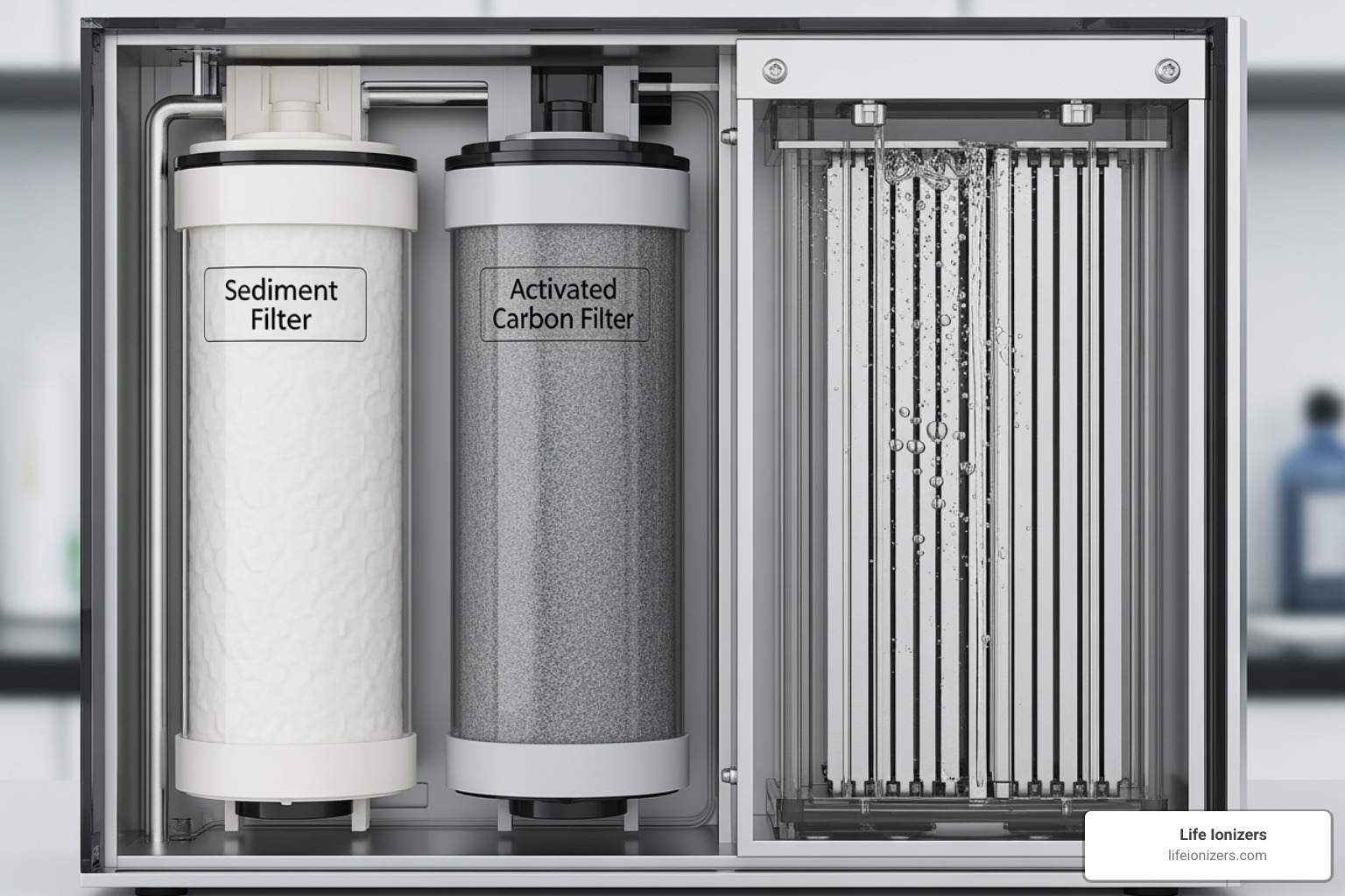 Inside view of a water ionizer showing the filtration cartridges and the electrolysis chamber with plates - how water ionizer works