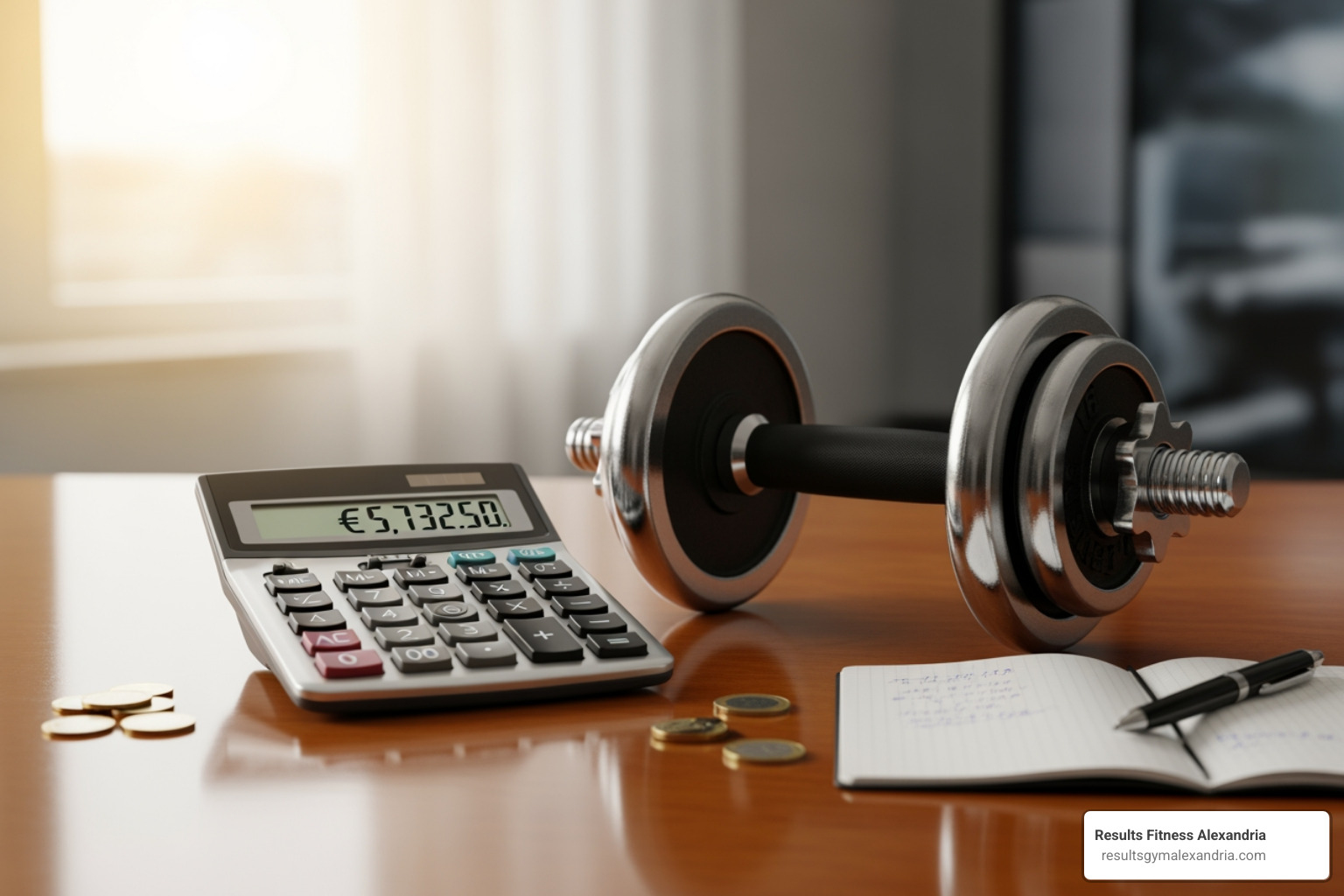 a calculator and a dumbbell, symbolizing calculating fitness earnings - how much do group fitness instructors make per class