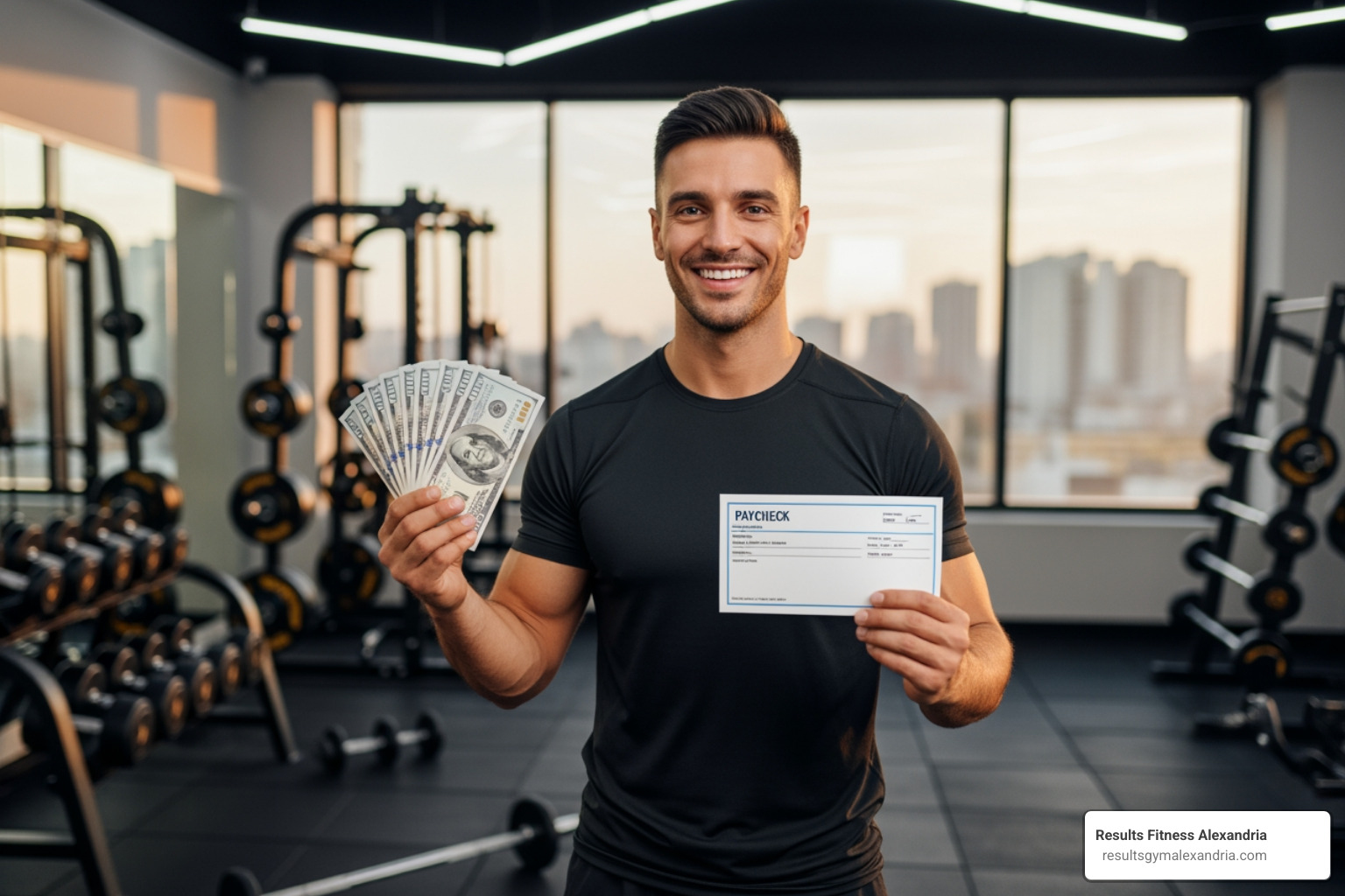 a smiling fitness instructor holding their paycheck - how much do group fitness instructors make per class