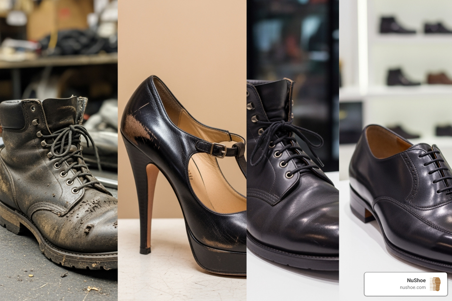 various shoe types (boots, heels, dress shoes) before and after repair - shoe repair United States